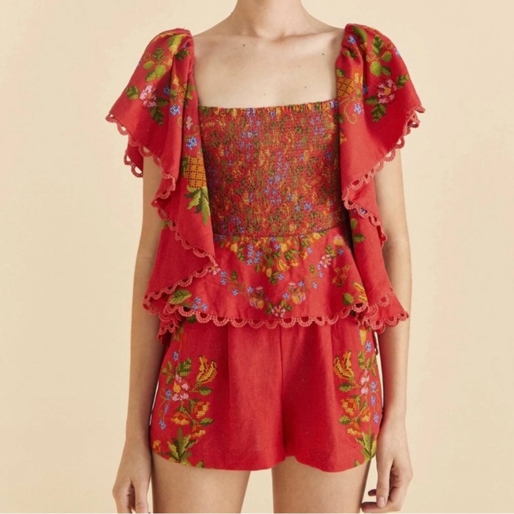 FARM Rio Red Embroidered Ruffled Romper